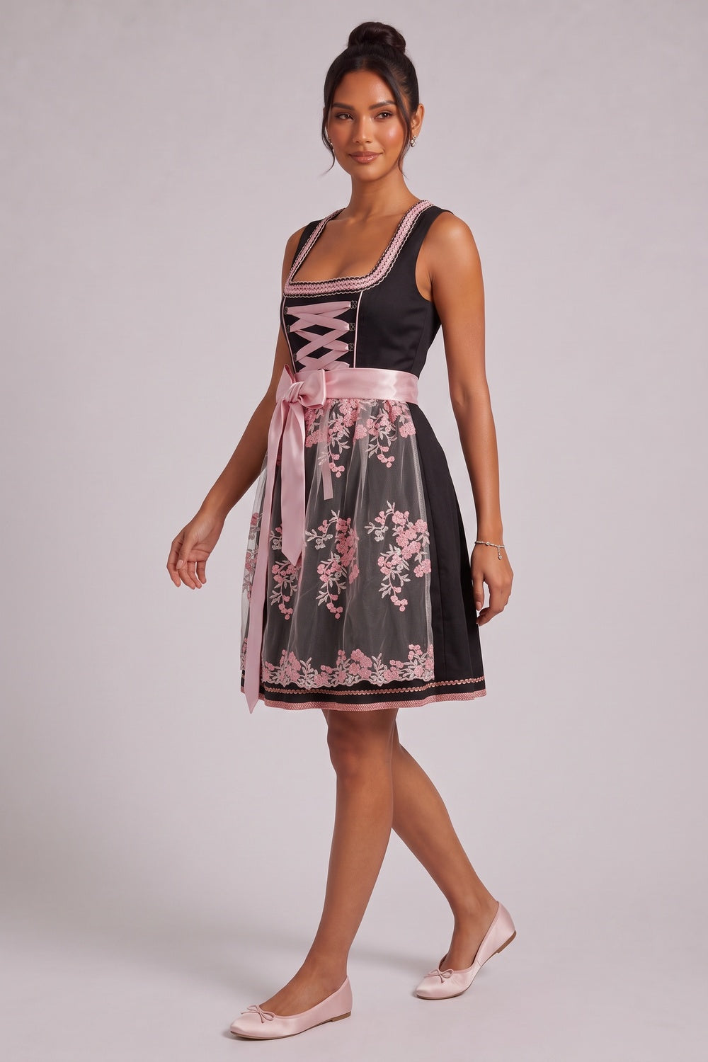 Black Matte Woven Polyester-Cotton Blend Fit-And-Flare Dirndl Dress Flowering Girl