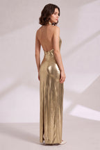 Gold Metallic Halter Neck Maxi Dress Flowering Girl