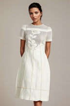 Hermosa 3d Floral Embroidered Hollow Midi Dress In Apricot Flowering Girl