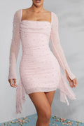 Long Sleeve Embellished Cowl Neck Mini Dress In Blush Flowering Girl