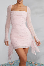 Long Sleeve Embellished Cowl Neck Mini Dress In Blush Flowering Girl