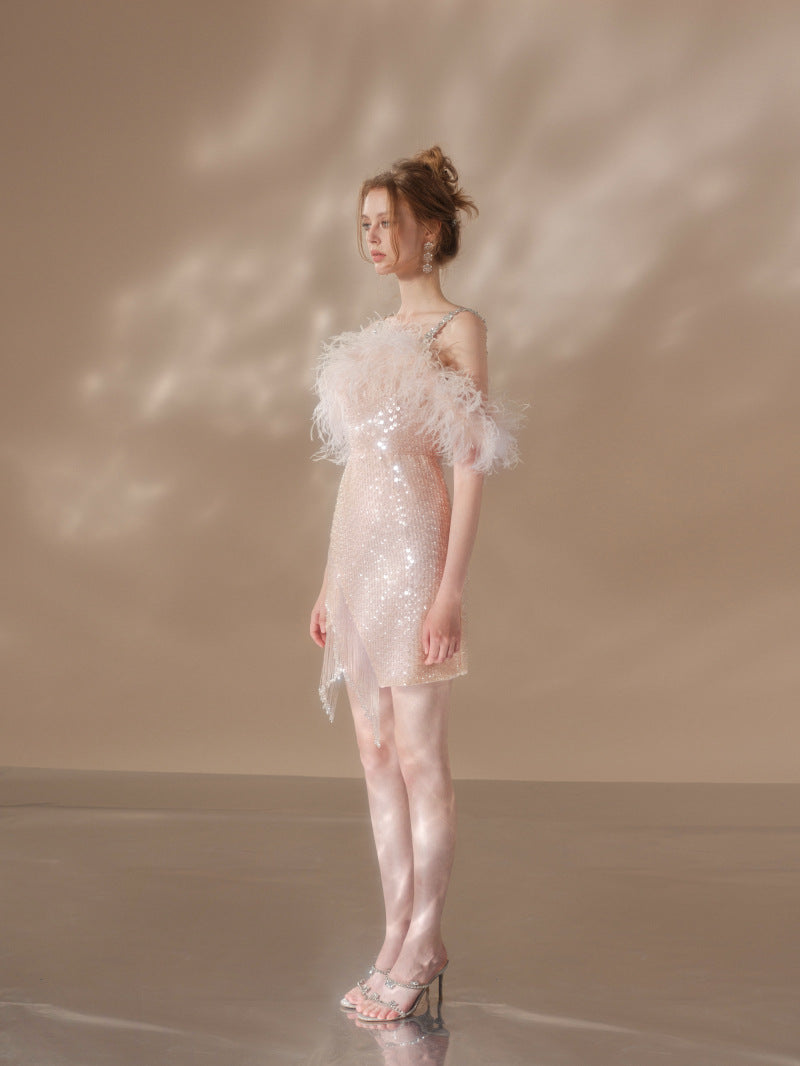 Priscilla Sequin Feather Crystal-Strap Mini Dress In Pink Flowering Girl