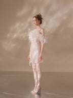 Priscilla Sequin Feather Crystal-Strap Mini Dress In Pink Flowering Girl