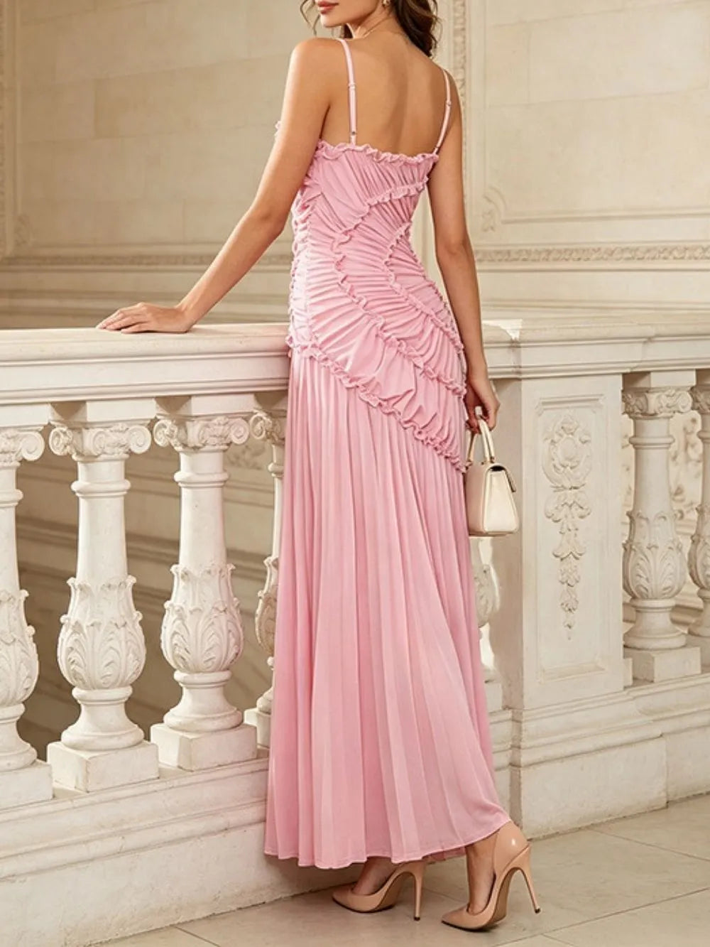 Marjani Pink Spaghetti Ruched Maxi Dress Flowering Girl