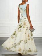 Blue And White Floral Ruffled Boat Neck Sleeveless Maxi Dress Flowering Girl