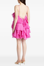 Lorraine Halter Floral Ruffle Layered Mini Dress In Fuchsia Flowering Girl