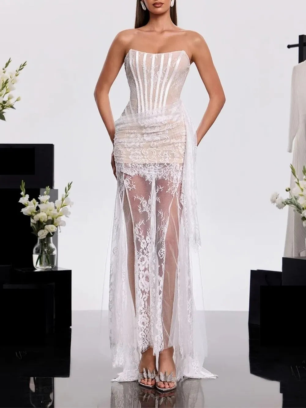 Hylrek Strapless Lace Maxi Dress Flowering Girl
