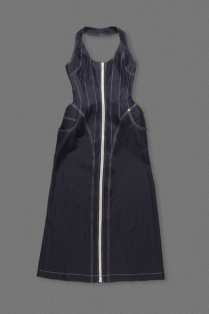 Haltered Corseted Midi Dress Denim In Navy Blue Flowering Girl