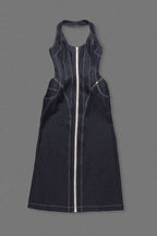 Haltered Corseted Midi Dress Denim In Navy Blue Flowering Girl