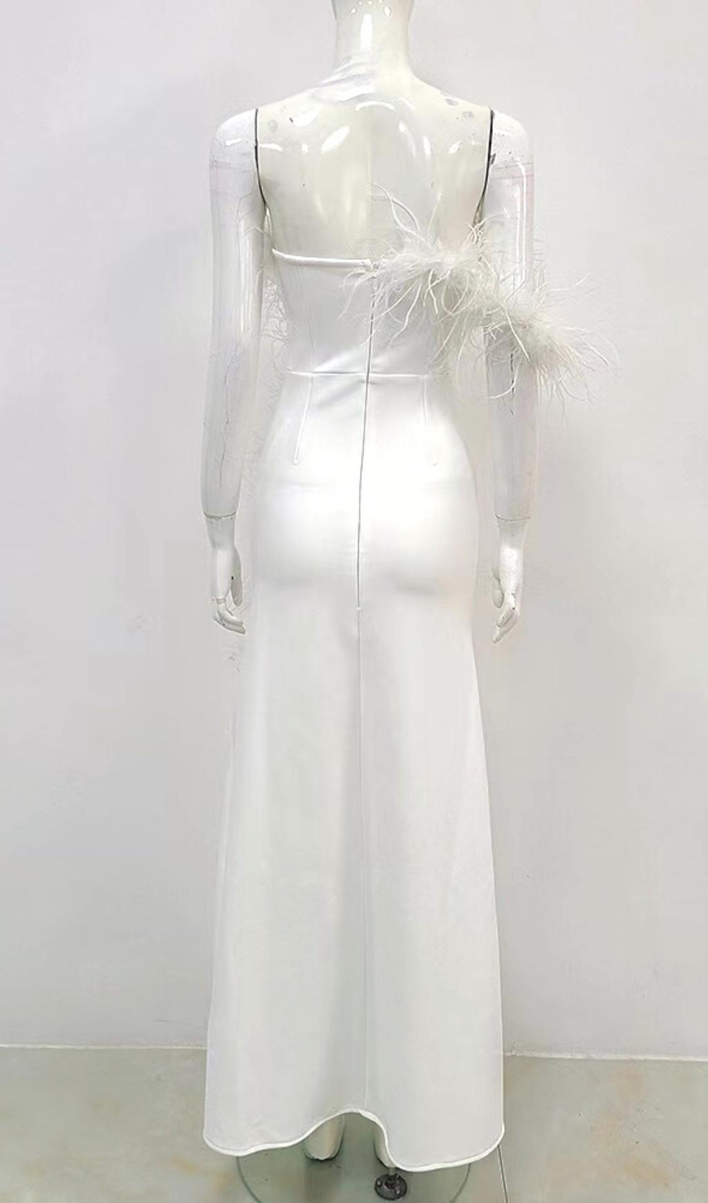 Feather Strapless Maxi Dress In White Flowering Girl