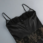 Satin Lace-Trimmed Slit Slip Maxi Dress In Black Flowering Girl