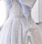 Silver-Blue Glitter Tulle A-Line Evening Gown Flowering Girl