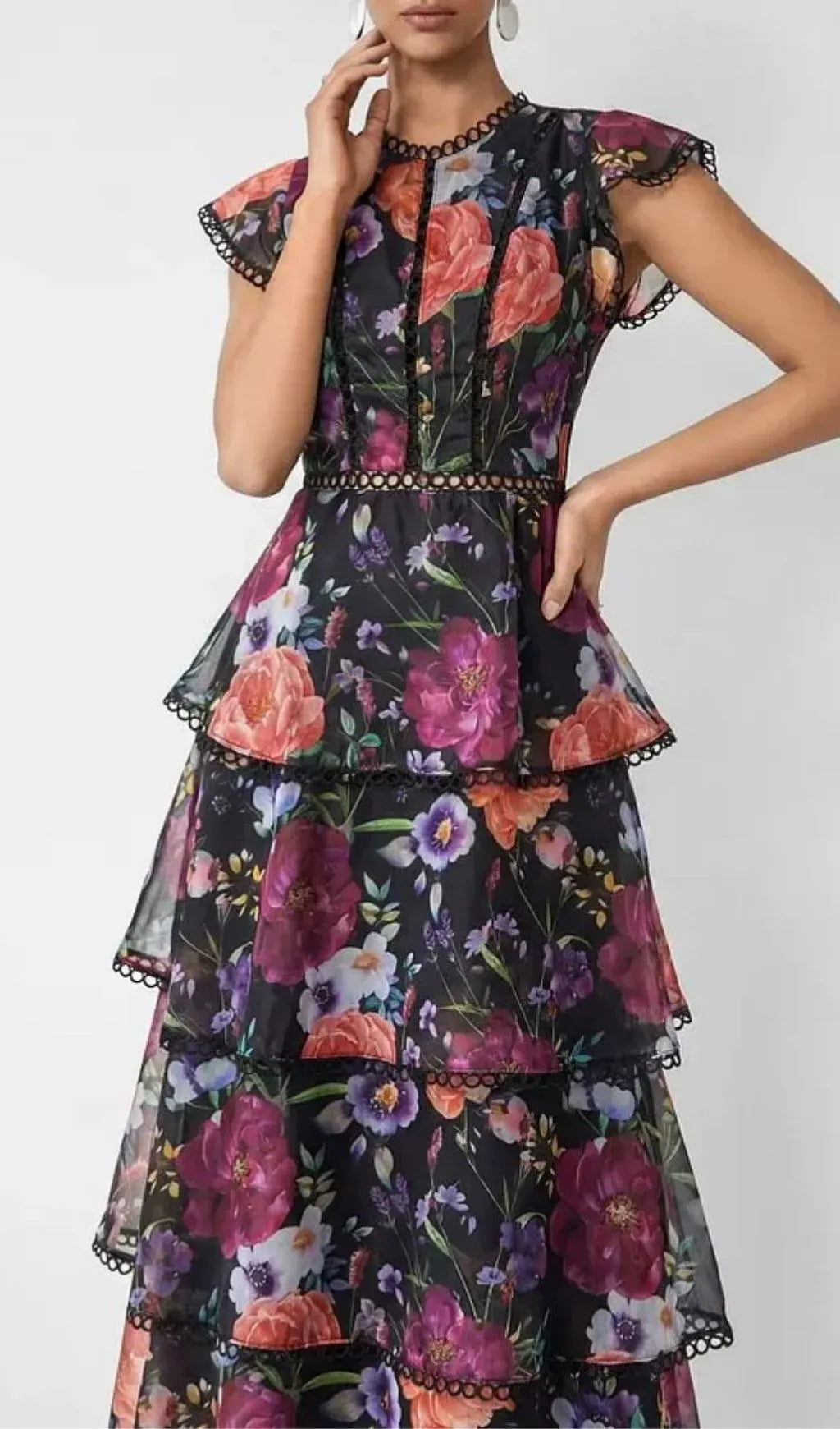 Black Floral Print Tiered Ruffle Maxi Dress Flowering Girl