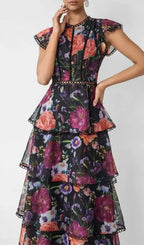 Black Floral Print Tiered Ruffle Maxi Dress Flowering Girl