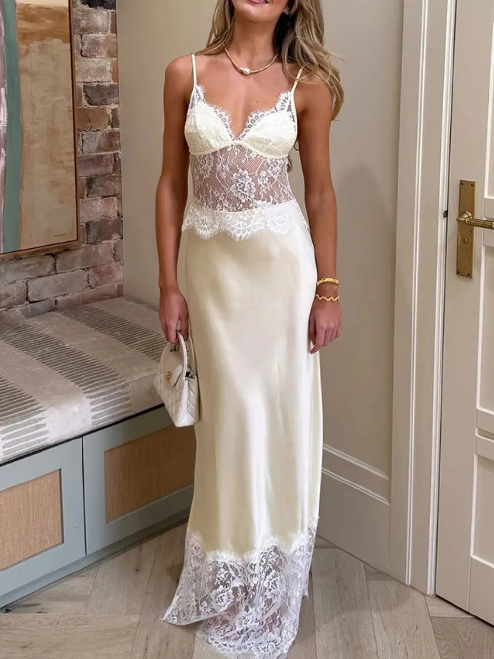 Erastes Spaghetti Lace Maxi Dress In Cream Flowering Girl