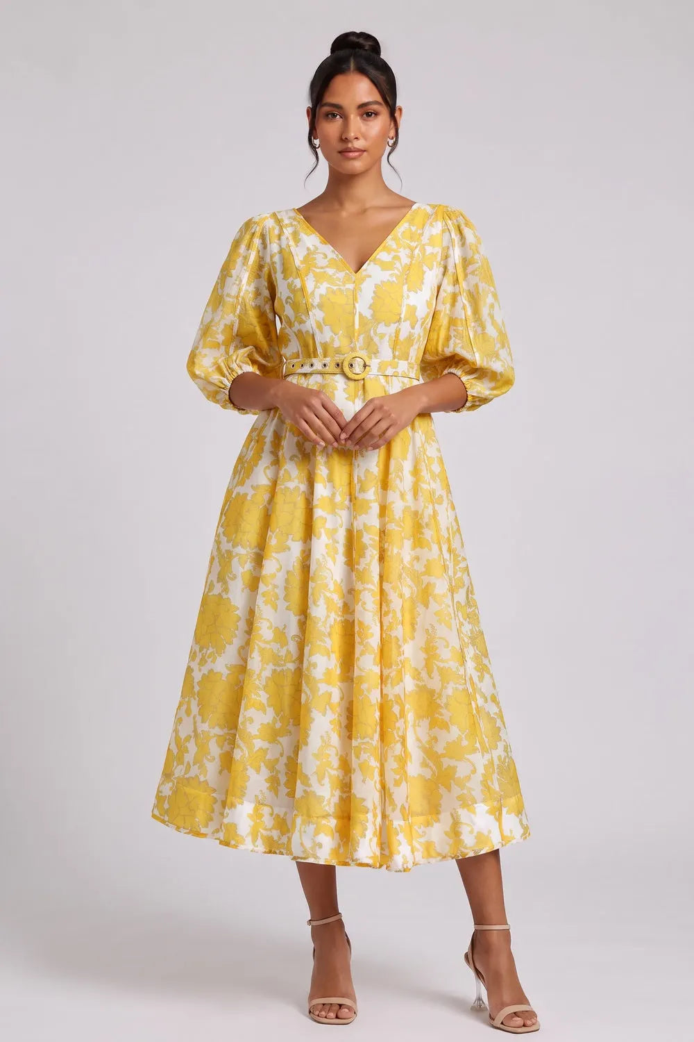 Yellow Floral Midi Dress with Belt Flowering Girl