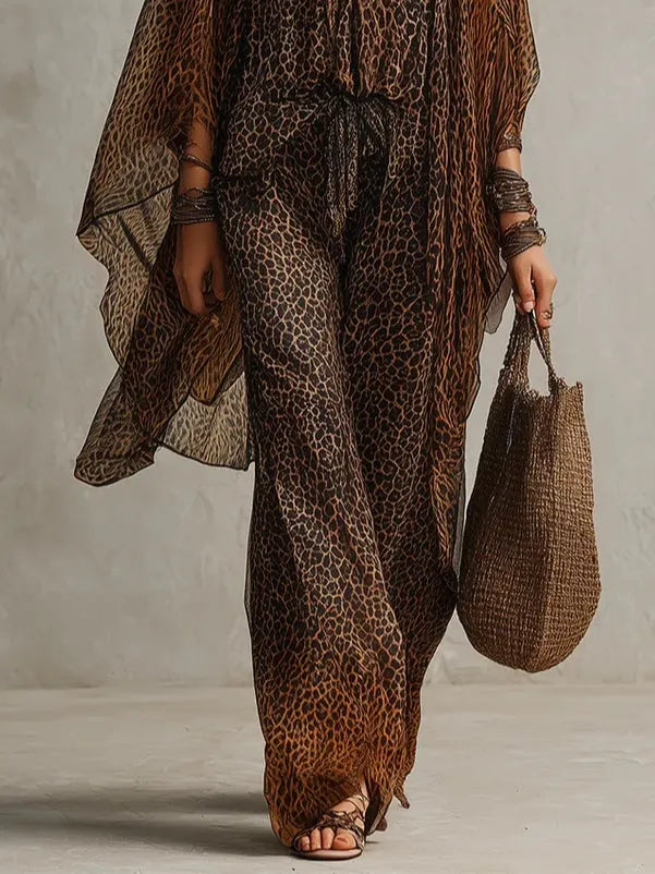 Bohemian Gradient Leopard Print Flowing Robe Three-piece Set Flowering Girl
