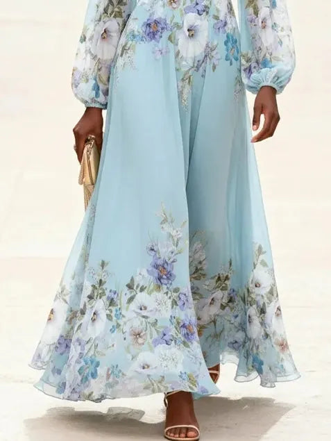 Light Blue V-neck Chiffon Printed Maxi Dress Flowering Girl