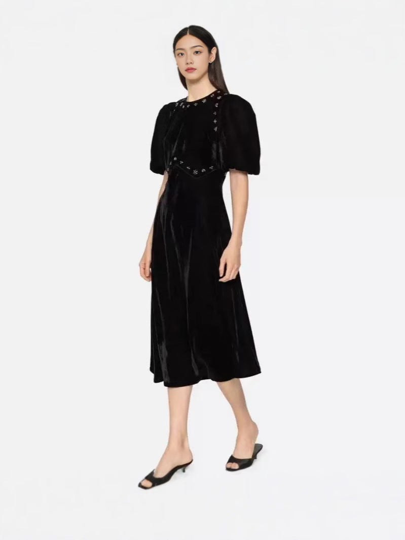 Crystal Embellished Puff Midi Dress In Black Flowering Girl