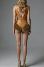 Ashley V-Neck Leather Fur Trim Mini Dress In Brown Flowering Girl