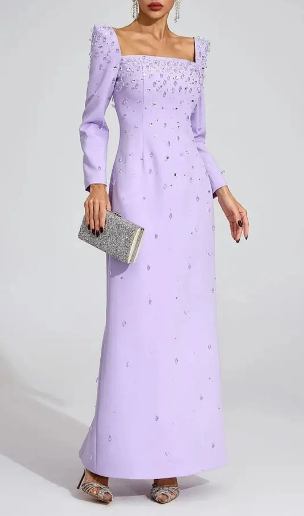 Lynn Square Neck Beaded Rhinestone Maxi Dress - Purple Flowering Girl