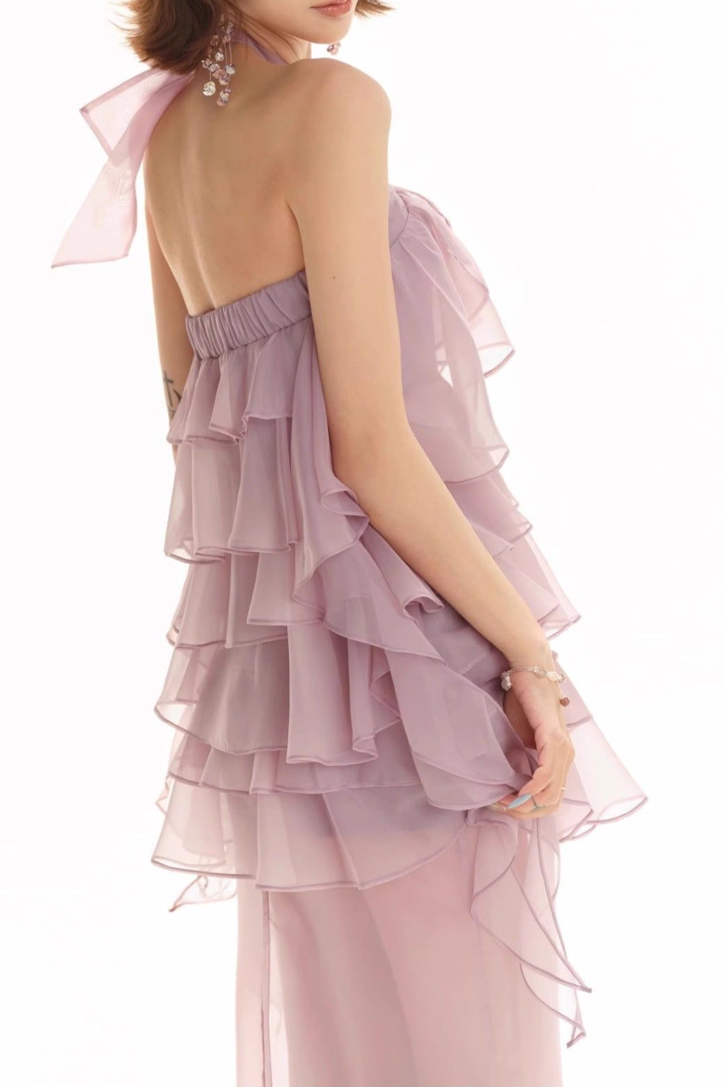 Backless Multi-layer Ruffle slit maxi dress in lilac Flowering Girl