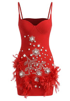 Hedy Rhinestone Feather Bandage Strappy Mini Dress - Red Flowering Girl