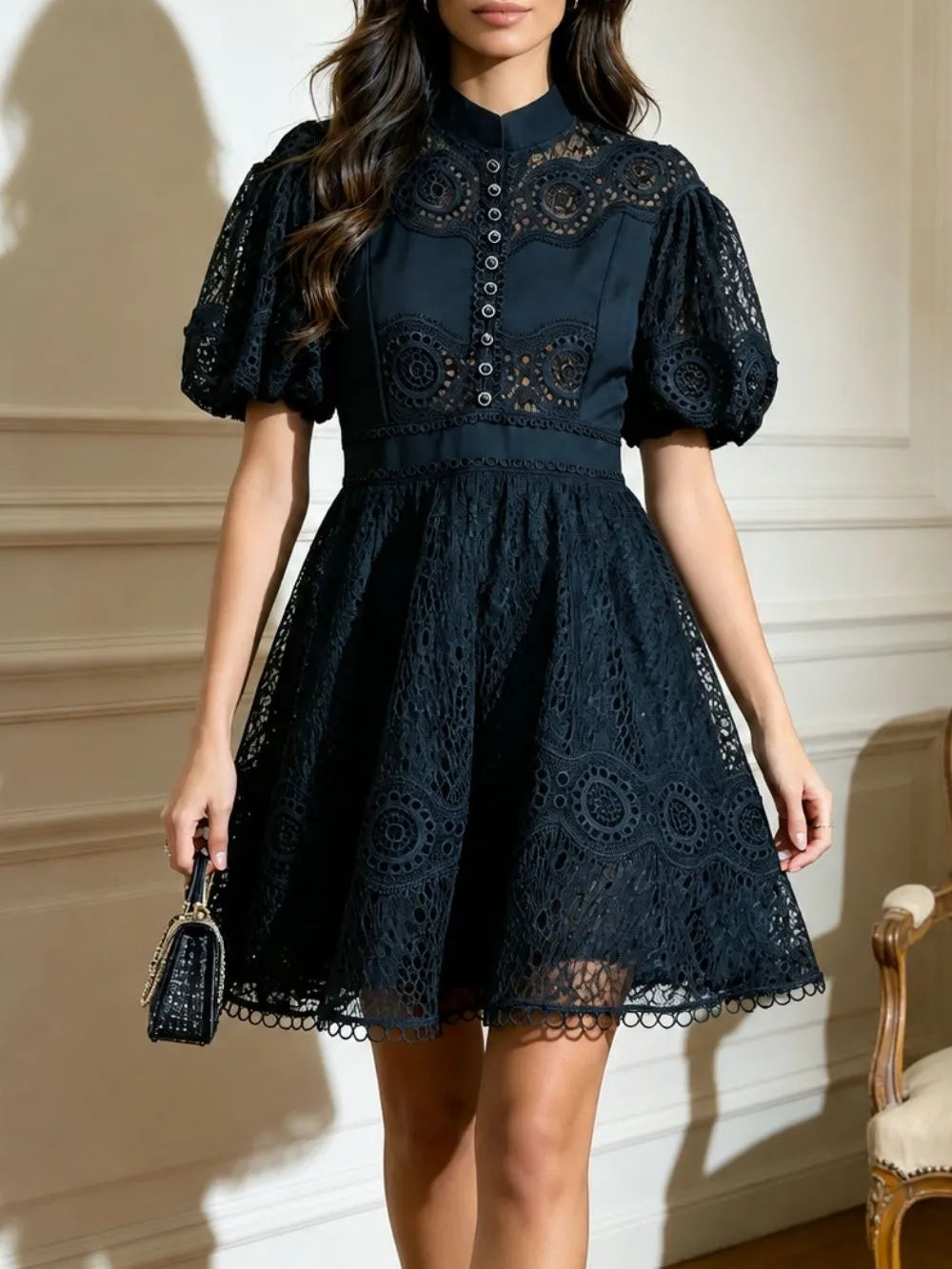 Matti Navy Puff Sleeve Embroidery Mini Dress Flowering Girl