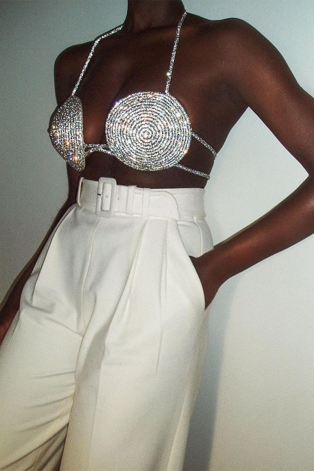 Rhinestone Embellished Silk Bra Top In Silver Flowering Girl