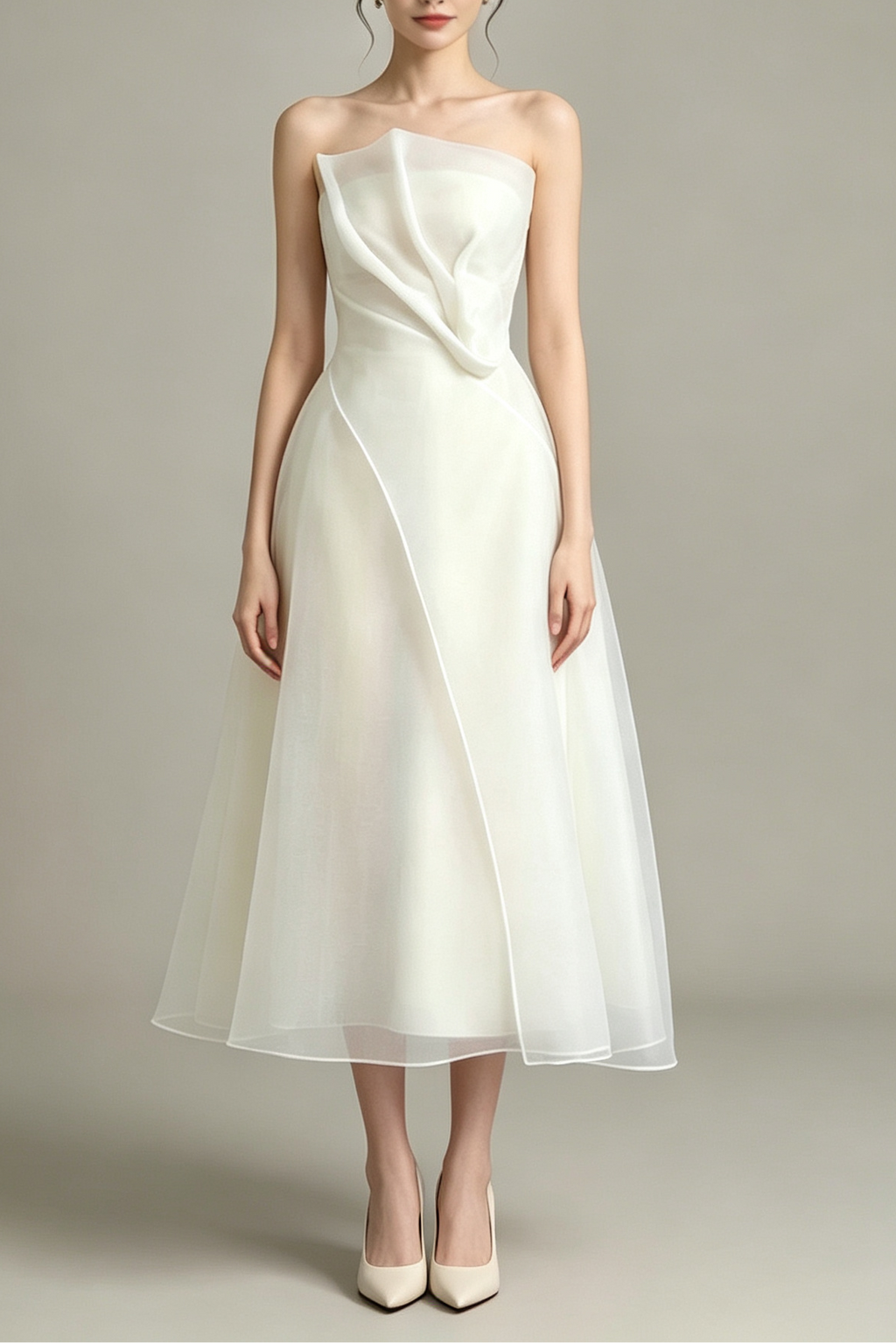 Strapless Layered Organza Midi Dress in white Flowering Girl