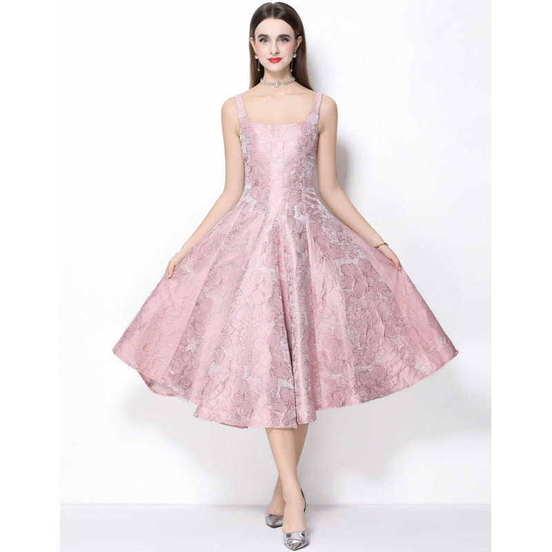 Beverly Vintage Jacquard Slip Midi Dress In Pink Flowering Girl