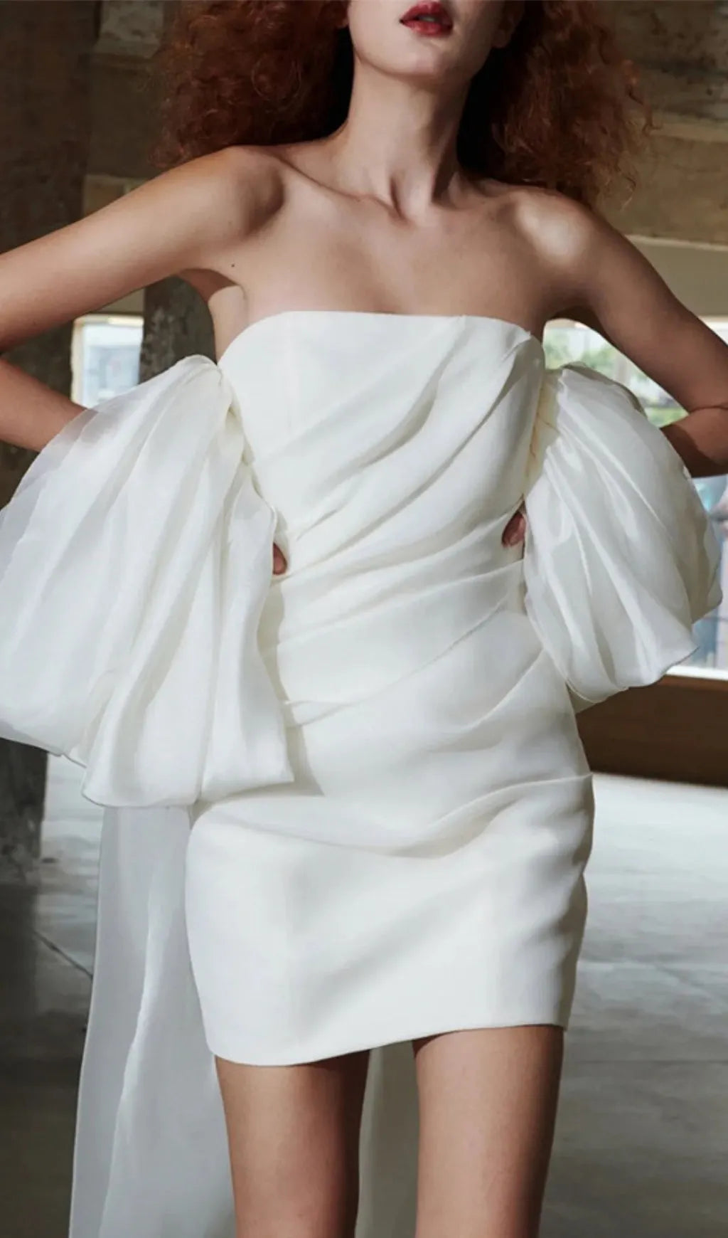White Puff Sleeve Strapless Mini Dress