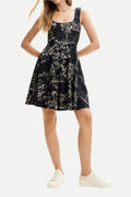 Strappy Skater Mini Dress In Black Flowering Girl