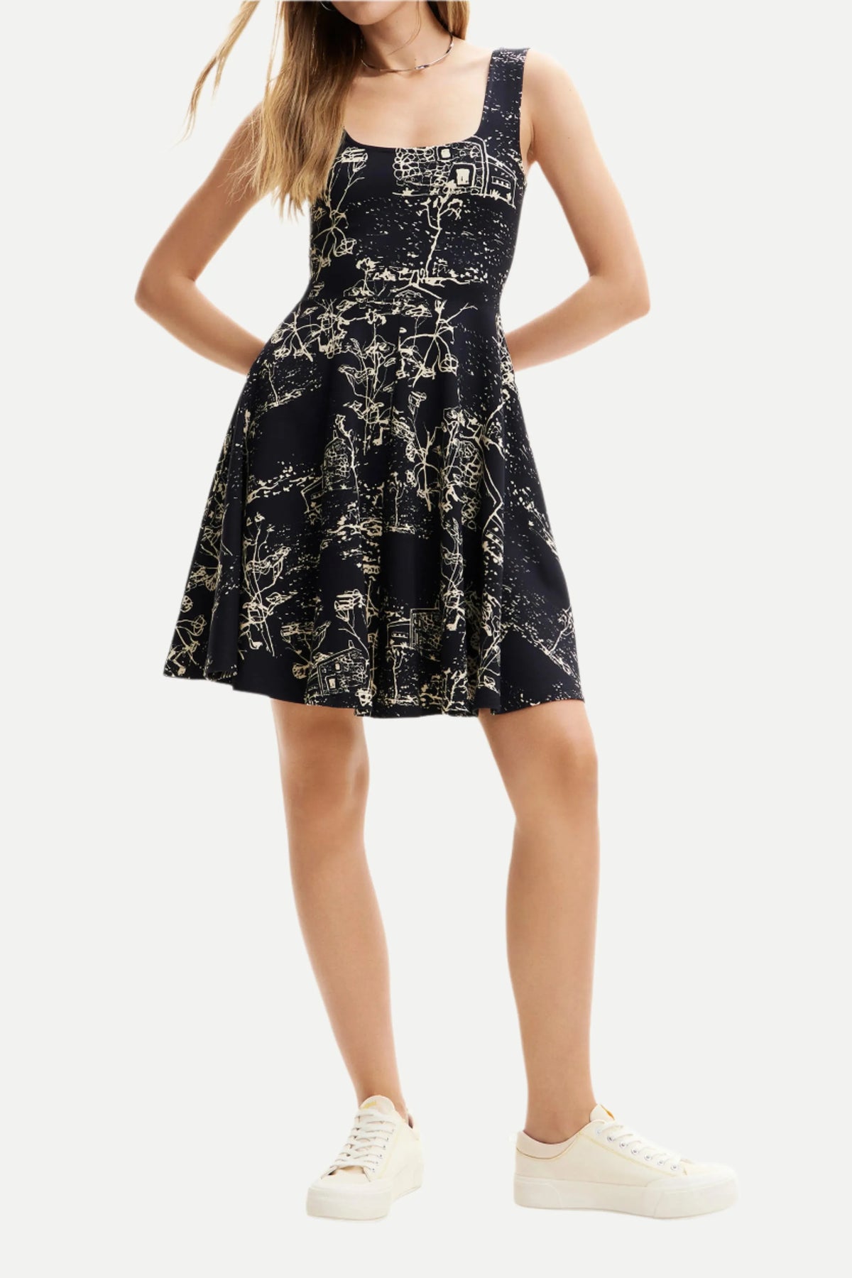 Strappy Skater Mini Dress In Black Flowering Girl