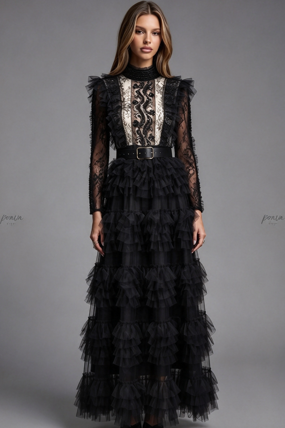 Black Tulle A-line Tiered Maxi Dress Flowering Girl
