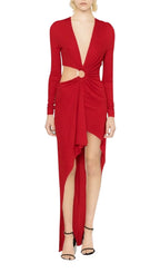 Red V-Neck Long-Sleeve Split Dress