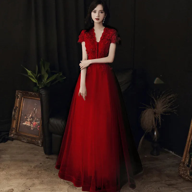 3D Floral Lace Short Sleeve Tulle Floor-Length Evening Gown Flowering Girl