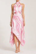 Halter Marble Print Satin Top & Asymmetric Midi Skirt Co-ord Set Flowering Girl