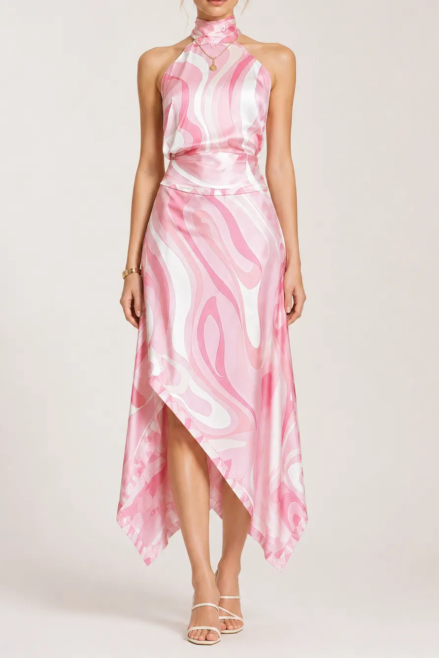 Halter Marble Print Satin Top & Asymmetric Midi Skirt Co-ord Set Flowering Girl