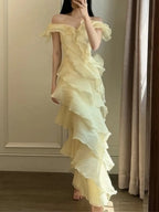 Off Shoulder Ruffled Layer Chiffon Maxi Evening Dress Flowering Girl