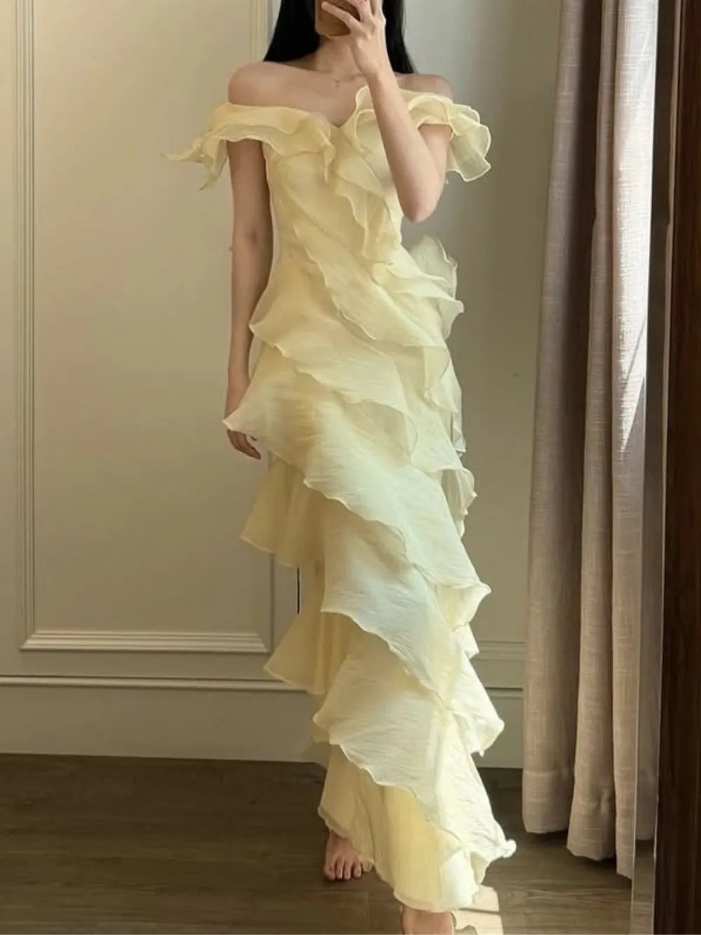 Off Shoulder Ruffled Layer Chiffon Maxi Evening Dress Flowering Girl