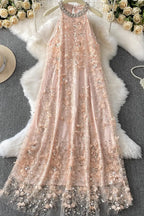 Blush Pink Tulle Mesh A-Line Shift Dress with Floral Embellishment Flowering Girl