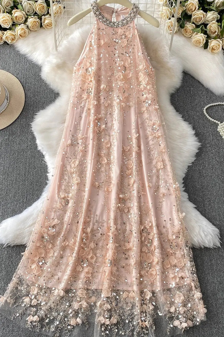 Blush Pink Tulle Mesh A-Line Shift Dress with Floral Embellishment Flowering Girl