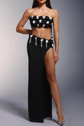 Black High Slit Tassels 3d Flowers Strapless Maxi Set Flowering Girl