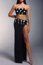 Black High Slit Tassels 3d Flowers Strapless Maxi Set Flowering Girl