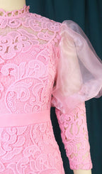 Pink Puff Sleeve Lace Midi Dress Flowering Girl