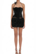 Velvet Corset Floral Mini Skirt Suit In Black Flowering Girl