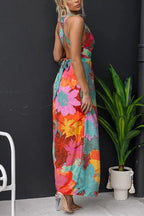 V Neck Sleeveless Tie Back Slit Floral Print Maxi Dress Flowering Girl