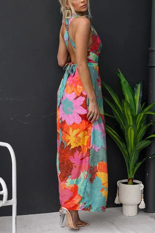 V Neck Sleeveless Tie Back Slit Floral Print Maxi Dress Flowering Girl