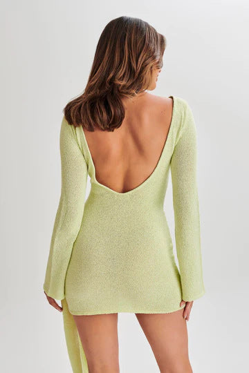 Green Long Sleeve Knitted Mini Dress Flowering Girl